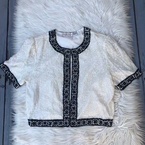 Vintage Lauren Kagar Silk Embellished Sequins Beaded Cream Black Top Jacket L